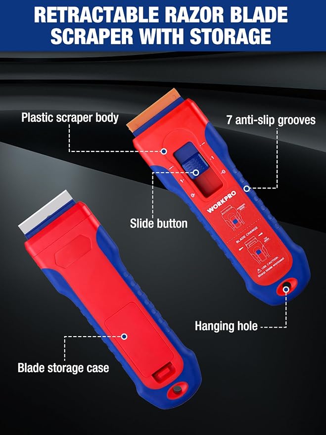 WORKPRO 2-Pack Retractable Razor Scraper Set with Built-in Blade Storage, 182 Blades, 62 Metal Razor Blades & 120 Plastic Blades for Paint Removal, Stickers, Adhesive, Glass, Ceramic and Wood