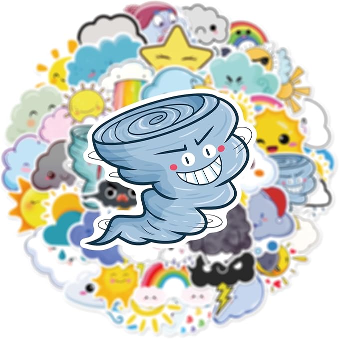 Cute Weather Stickers for Journaling - 50PCS Sun Cloud Rainbow Stickers Waterproof Vinyl Aesthetic Decals for Scrapbook, Water Bottles, Laptops, Guitar, Perfect for Kids Teens & Weather Lovers