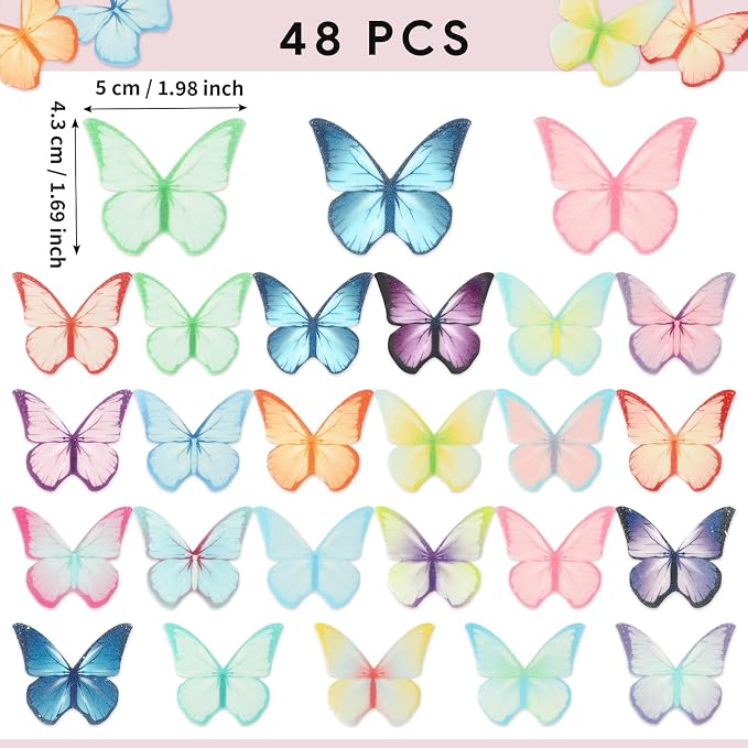 48Pcs Edible Cake Toppers, Wafer Paper Butterfly Cake & Cupcake Decorations Colorful Butterflies for Wedding Birthday Party Cake Cupcakes Decorating