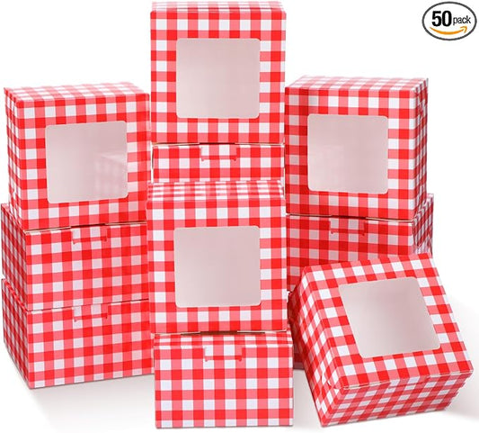 50 Pack Red Gingham Cookie Boxes with Window, Small Plaid Bakery Treat Boxes for Pastry Donuts Macaroon Cupcakes, Wedding Bridal Baby Shower Birthday Party Favors