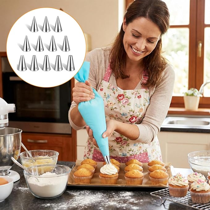 12 Pcs Frosting Tips Round Piping Tips Set, Stainless Steel Icing Tip for Decorating Cupcake Nozzles Small Cake Piping Tip Cake Writing Icing Pastry Dispensers Supplies for Baking Cookies Puff Cream
