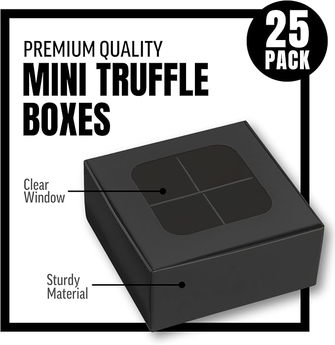 25 pcs Black Mini Truffle Box for 4 Treats with Window and Dividers, Bakery Boxes, 3.5 x 3.5 x 1.57 Inches VERY SMALL Baking Boxes, Square Truffles Box for Gift Giving