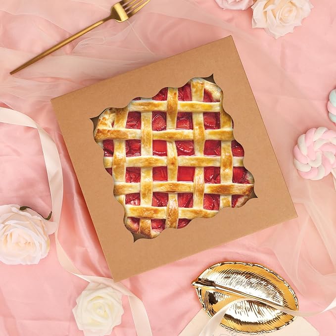 TOMNK 30pcs Pie Boxes, 10x10x2.5 Bakery Boxes with Window, Auto-Popup Brown Bakery Boxes for Pies, Cookie Boxes Treat Boxes for Dessert, Donuts, Muffins