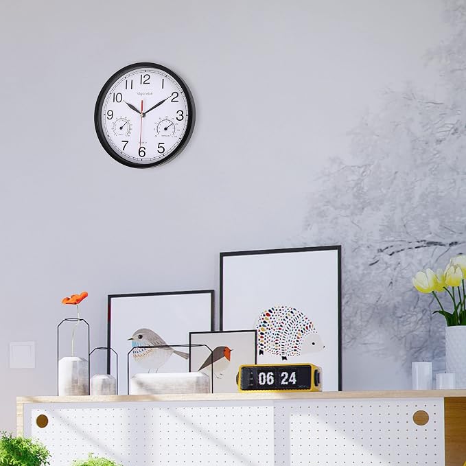 Wall Clock, Sweep Silent Movement Accurate Clocks with Temperature & Humidity, Decorative for Kitchen/Living Room/Bedroom/Office/School/Classroom (Black, 8 inch)