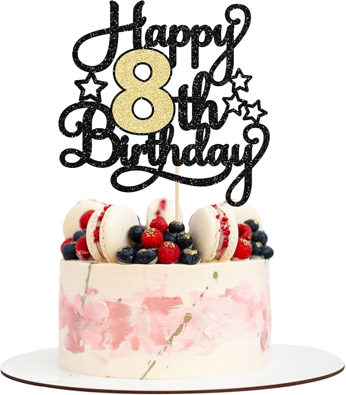 1Pc 8th Happy Birthday Cake Topper Glitter Cheers to 8 Years Cake Pick Decoration for 8th Birthday Party Supplies Black Gold