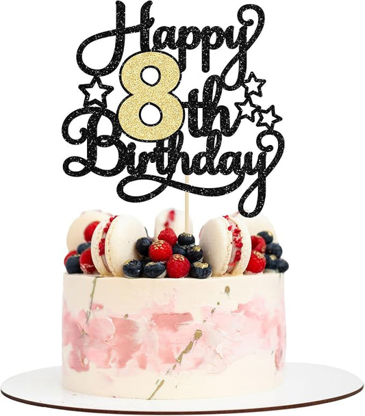 1Pc 8th Happy Birthday Cake Topper Glitter Cheers to 8 Years Cake Pick Decoration for 8th Birthday Party Supplies Black Gold