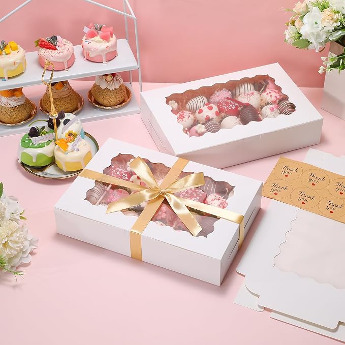 36 Pack Bakery Boxes with Window, 12x8x2.5 Inches Pastry Boxes with Ribbon and Sticks, Treat Boxes for Chocolate Covered Strawberries, Cookies, Muffins, Donuts, Breakable Hearts
