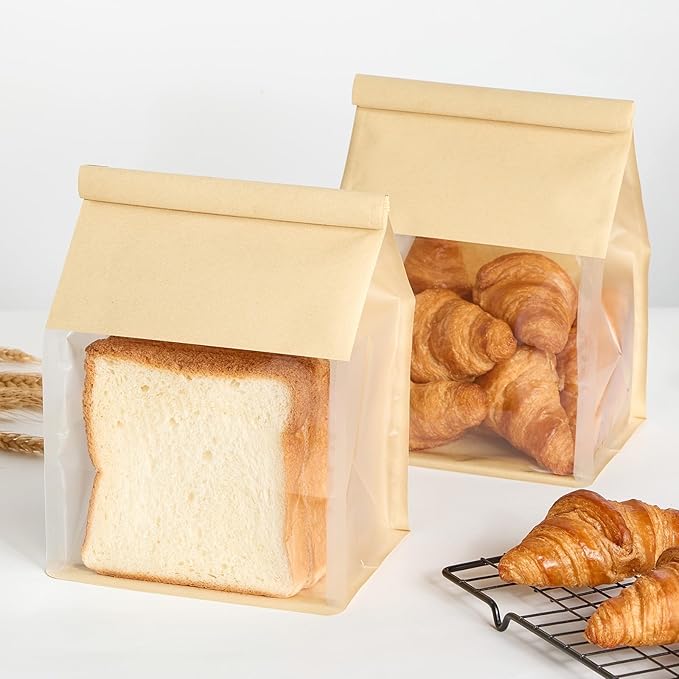 Sourdough Bread Bags with Tin Tie Tab Lock, 100 PCS, 10.3 x 6.3 x 5.1 Inch | Paper Bakery Bags with Window For Homemade Breads Cookies, Bagels, Pastries Bake Sale Packaging