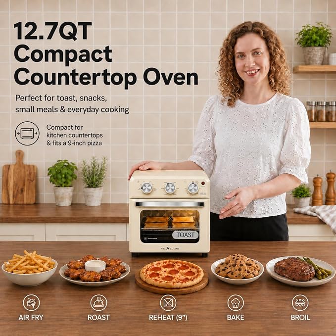 VAL CUCINA 6-in-1 Retro Air Fryer Toaster Oven Combo, Compact 12.7 QT Small Countertop Convection Oven, Fits 9" Pizza & 4 Toast, Hexagon Hybrid Heating, Enamel Baking Pan Included, Almond Yellow Color