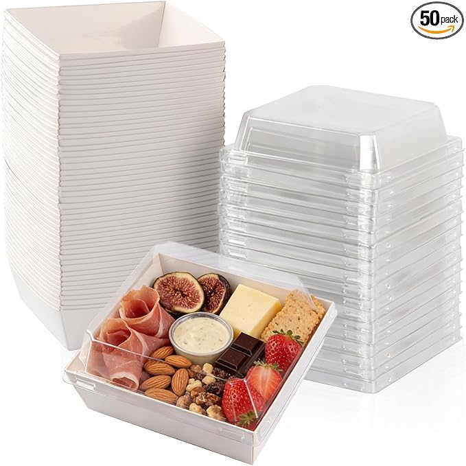 BUIYLV 50 Pack Charcuterie Boxes with Clear Lids, 4 Inches White Dessert Boxes To Go Disposable Mini Charcuterie Boxes for Cookie, Sandwich, Strawberry, Cupcake, Macaron, Cake Slice