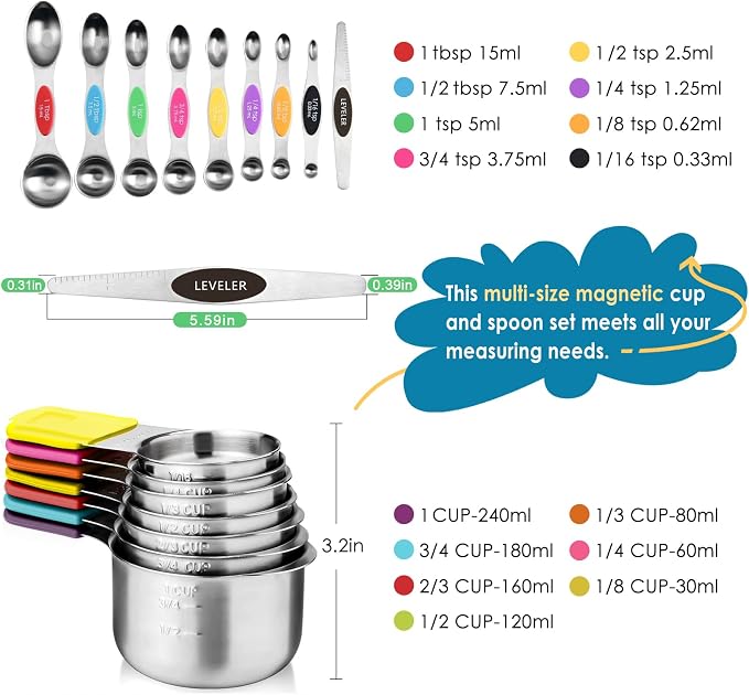 16PCS Magnetic Measuring Cups & Spoons Set,Heavy Duty 304 Stainless Steel，Double Measurement Easy to Read Markings with Leveler for Measure Dry or Liquid Ingredients ﻿