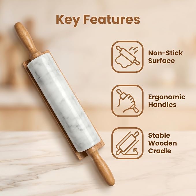 White Marble Rolling Pin for Baking 10inch Barrel，Dough Roller | With Wooden Handles & Wood Cradle, Non-Stick Dough Roller for Pizza, Pasta, Fondant, Pie Crust, Pastry & Cookies