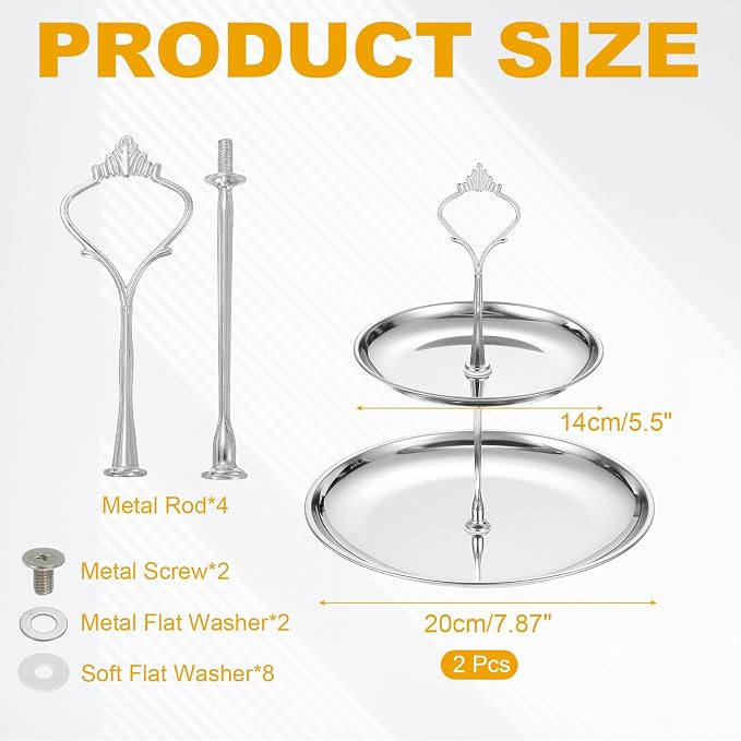 uxcell 2 Sets 2-Tier Cupcake Stand Holder, Round Tiered Serving Tray Stainless Steel Cup Cake Stand for Dessert Fruit Table Birthday Party Decoration Display, Silver