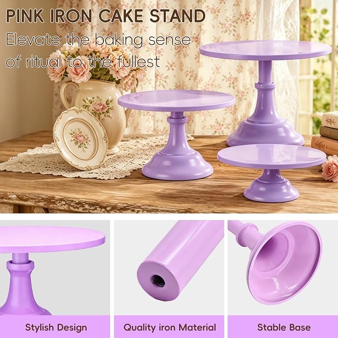 Three-piece Cake Stand Set, Metal Round Trays, 8-inch, 10-inch, and 12-inch, for Dessert Table displays; Perfect for Christmas, Thanksgiving, Birthdays, Weddings, and Other Celebrations(Purple)