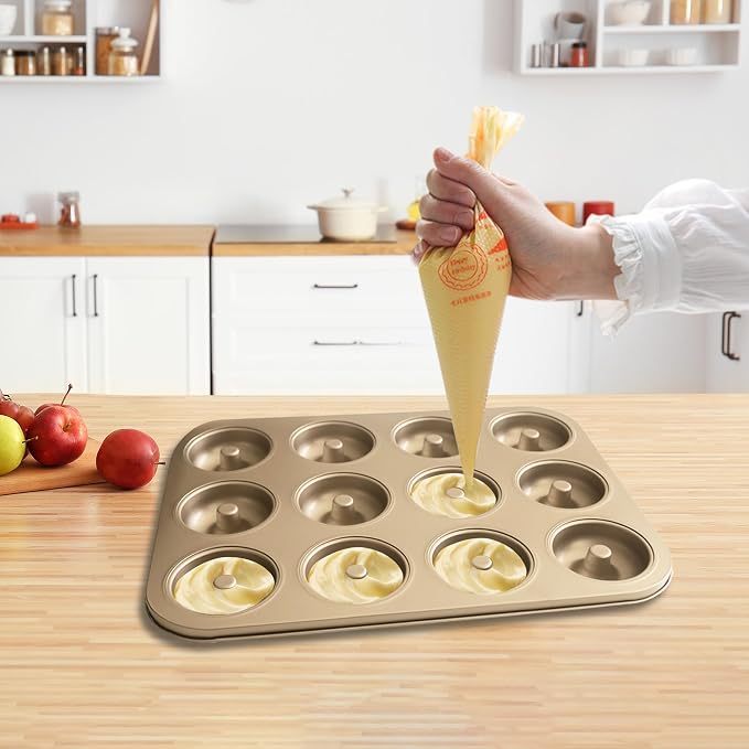 Donut Pans 2 Pack, Non-Stick 12-Cavity Donut Pan for Baking, Carbon Steel Doughnut Trays for Mini Bagels and Cake, Doughnut Bakeware Oven Baking (Gold)