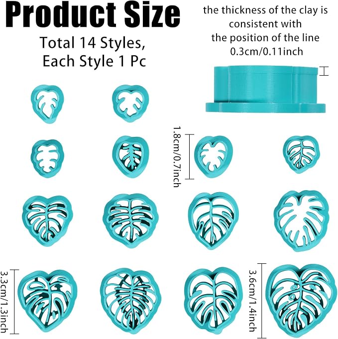 ORIGACH 14 Pcs Monstera Leaves Clay Cutters, Leaves Shape Tropical Plants Themed Polymer Clay Cutters for Earring Jewelry Making