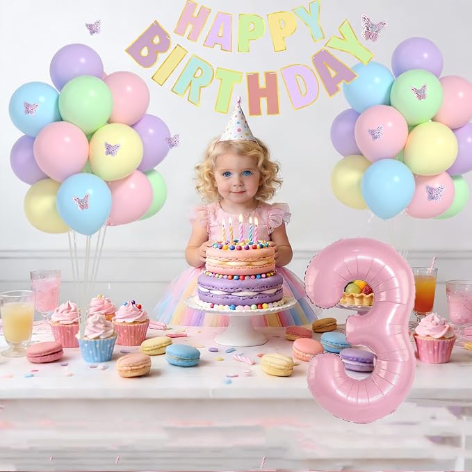 Pastel 3rd Birthday Decorations for Girls -12 inch Pastel Balloons, 40 Inch Pink 3 Balloons, 3D Butterflies Stickers, Happy Birthday Banner For Baby Girl 3 Year Old Birthday Decorations Girl
