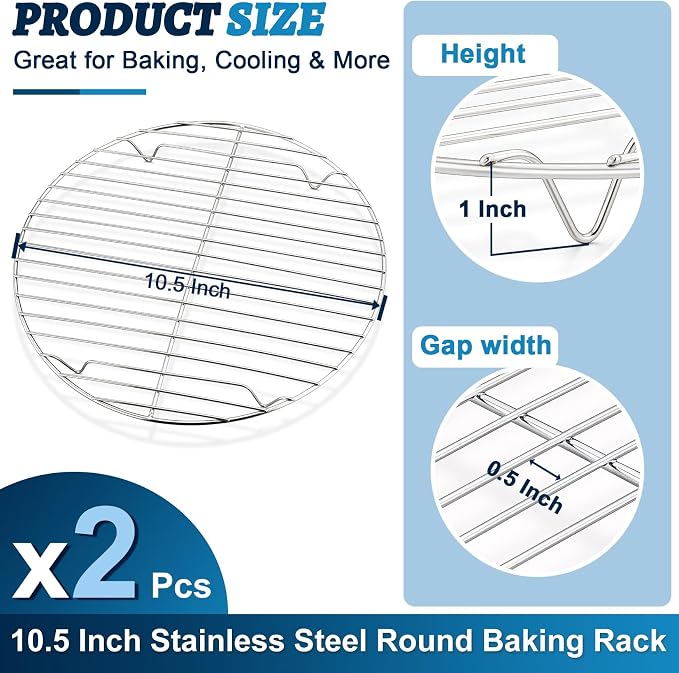 P&P CHEF 10½ Inch Cooking Rack Round, Stainless Steel Round Rack for Cooking Cooling Steaming Baking, Fit Air Fryer Pot Pressure Cooker, 2 Pack -Oven Safe, Silver