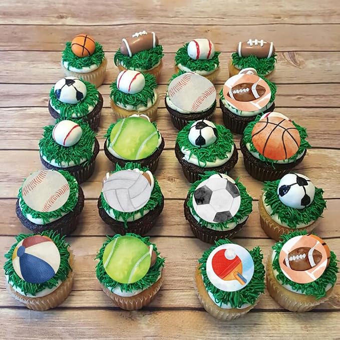48PCS Edible Sports Cupcake Toppers Edible Basketball Soccer Baseball Tennis Rugby Cake Decorations for Sports Ball Game Theme Baby Shower Birthday Party Cake Decorations Supplies