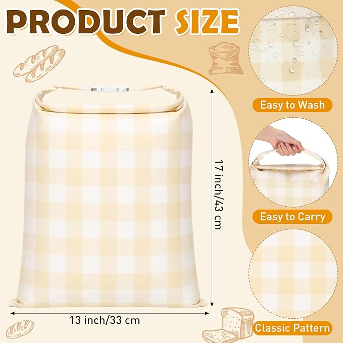 2 Pcs XL Beeswax Bread Bags for Sourdough Reusable 13” x 17” Large Bread Bags with Improved Beeswax Coating Food Wraps for Mother's Day Homemade Loaf Fresh Freezer(Yellow White Checkered)