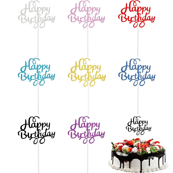 Boao 40 Pieces Happy Birthday Cake Toppers 5.3 x 3.94 in Glitter Birthday Cupcake Topper Cake Party Supplies Decorations, 8 Colors