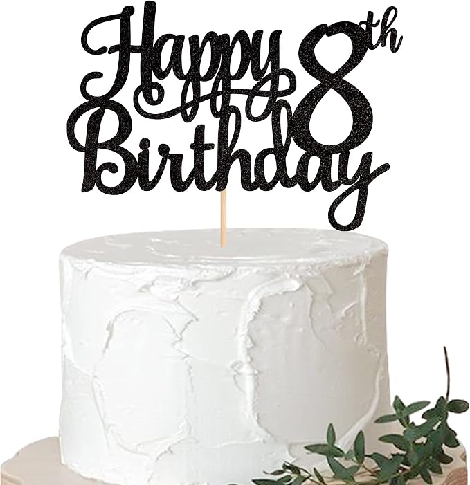1 PCS Happy 8th Birthday Cake Topper Glitter Cheers to 8 Years Cake Pick Number 8 Fabulous Cake Decoration for 8th Birthday Theme Party Decorations Supplies Black