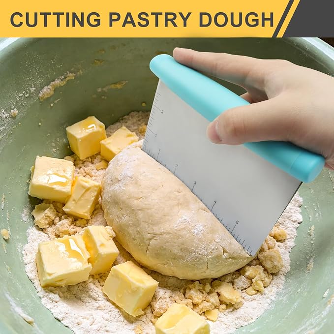 Stainless Steel Bench Scraper and Pastry Blender Cutter Set,Multipurpose Kitchen Baking Essential Tool with Comfortable Grip Handle for Baking/Nut Pie Dough Processing(Turquoise)