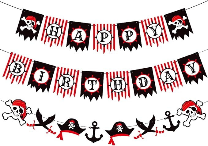 Zwiebeco Red Black White Pirate Happy Birthday Banner Bunting Garland Sign for Boys Girls Kids Teenagers Mens Womens Adults Sea Rover Themed Party Decorations Supplies