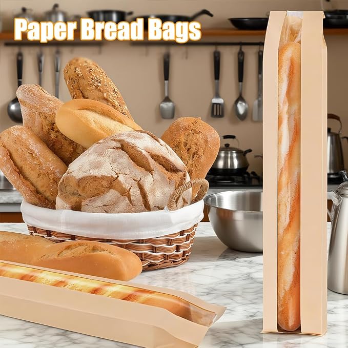 Bread Bags for Homemade Bread with 1000 Labels, 120-Pack 4.5 x 1.6 x 23.6 Inch Paper Bags for Bread with Clear Window, Bakery Gift Packaging for Baguette, Sourdough Storage