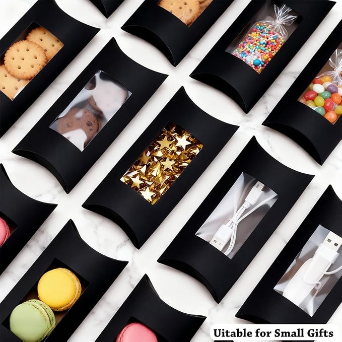 ZAJINJABD 50 Pcs Kraft Pillow Gift Boxes with Clear Windows, Sturdy Mini Folding Treat Boxes for Candy, Bakery, Chocolate, Jewelry, Wedding Party Favors