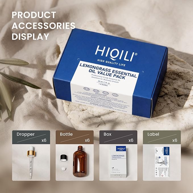 HIQILI Lemongrass Essential Oil Set-1 fl oz (6 Pack), Bulk Wholesale for Business, Ideal for DIY, Diffusing, Protection, Skin Care & Massage, for Craft Shops, Hotels, Outdoors & Spas