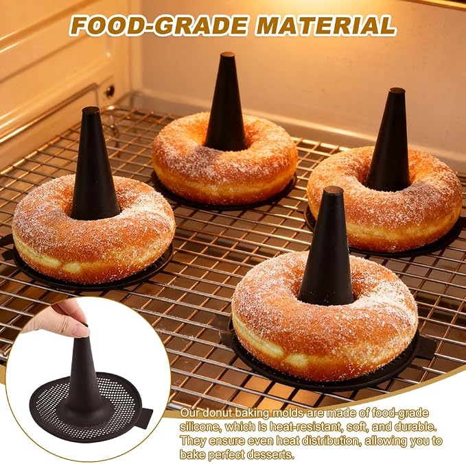 Silicone Donut Bagel Baking Mold Set, 6 Pack, 5.3 in Dia, Oven Use | Brown, perforated base, -22°F to 446°F, not for stovetop or open flame, before buying confirm pan and oven space
