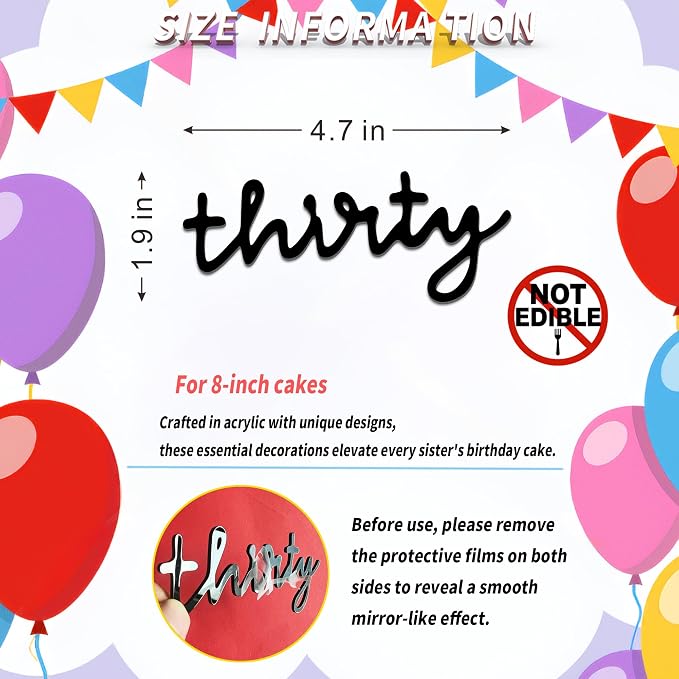 30th Birthday Cake Topper – Acrylic "Thirty" Cake Charm for Milestone Birthday, Dirty 30 Party Decorations for Him & Her (THIRTY A)