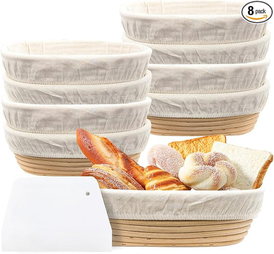 GEMLORD Oval Banneton Bread Proofing Basket Set of 8, 10 Inch Sourdough Proofing Bowl with Cloth Liner and Dough Scraper, Natural Rattan Sourdough Baking Basket for Home & Professional Bakers