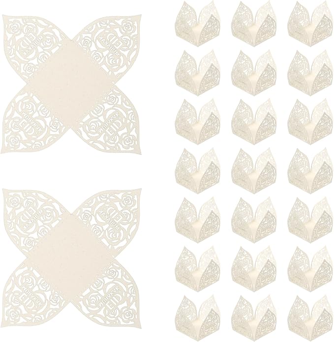 uxcell 25 PCS Truffle Wrappers 0.43x0.43 Inch Square Cupcake Liners Baking Wrappers Hollow Out Paper Dessert Cups for Wedding Birthday Beige