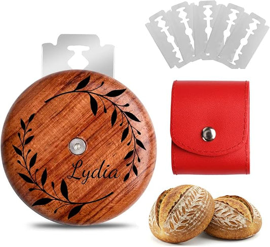 Custom Engraved UFO Bread Lame - Personalized Sourdough Scoring Tool for Artisan Bread Baking, Bread Scorer Tool Set with 5 Professional Stainless Steel Blades, Baker Gift Idea (Design D-Red Pouch)