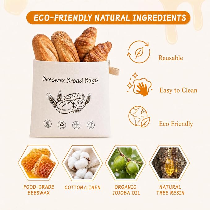 Beeswax Bread Bags for Sourdough – 2 Pack XL 13x17 Reusable Bread Storage Bag with Wide Zipper Seal, Keeps Bread Fresh Longer, Odor Resistant, Freezer Safe Cotton Linen Eco Friendly Bag