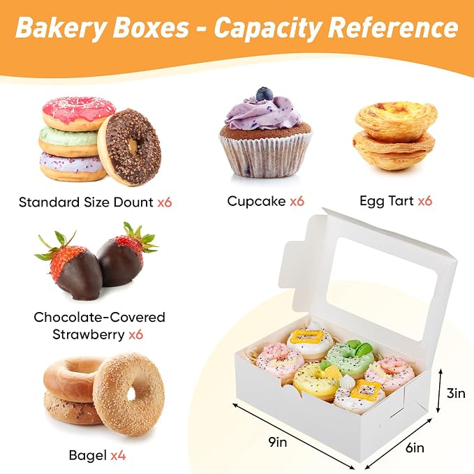 Treeroot 60PCS Cookie Boxes, 9x6x3 Inch White Bakery Boxes with Window, Treat Box for Desserts for Chocolate Covered Strawberries, Candies, Pancakes, and Donuts