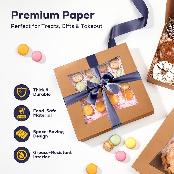 Fit Meal Prep [25 Pack] Pie Boxes With Window 10x10x2.5 Kraft Pastry Boxes Auto-Popup Cardboard Gift Packaging for Cupcake, Cookies Treat Box for Party, Christmas, Valentines Day