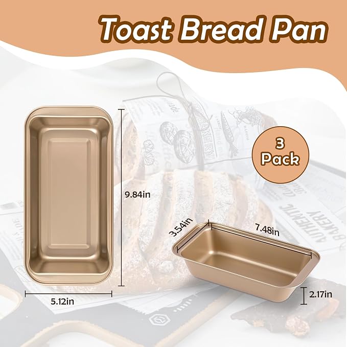 3 Pack Nonstick Loaf Pans – 9x5 Inch Carbon Steel Bread Pans for Baking, Rust-Resistant & Stackable Bakeware for Home Kitchen & Bakery (Gold Finish)