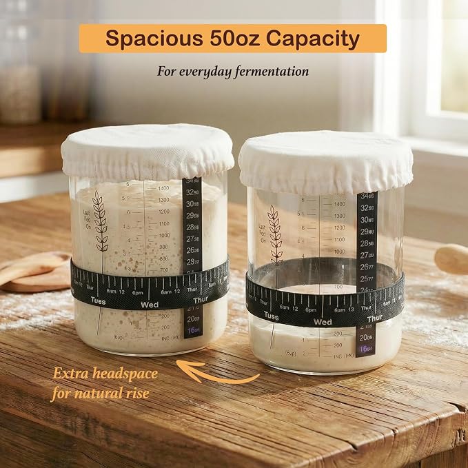 Premium Sourdough Starter Jar Kit - 50oz Large Wide Mouth Glass Jar with Bamboo Lid,Cloth Cover, Date Tracker, Thermometer, Silicone Non-Slip Mat & Scraper, Sourdough Bread Baking Supplies
