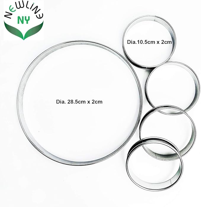 NewlineNY Stainless Steel 5 Pcs double rolled edges Circular Round Tart Rings, Pastry Muffin Molding Plating, Set of 5 : 1 x (28cm 11") + 4 x (10cm 4") x (2.2cm 0.85" H)