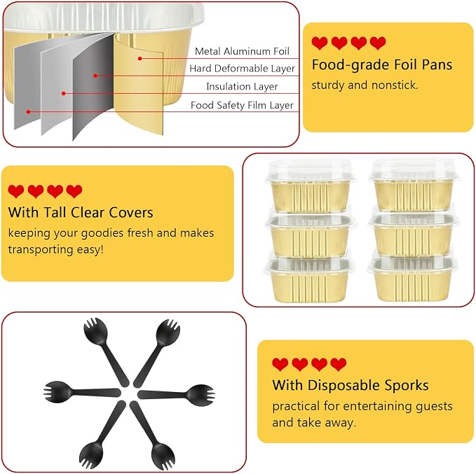 LNYZQUS Mini Cake Pans with Lids and Spoons,10oz Disposable Small Foil Baking Tins,40 Pack Individual Cake Containers for Home Bakers Bake Sales-Gold,4x4 Square