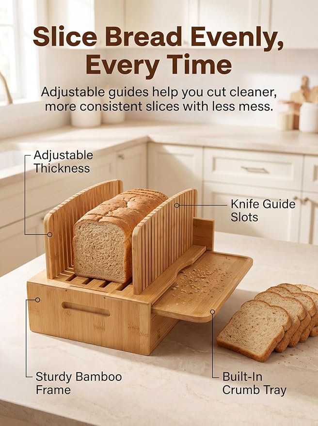 Natural Bamboo Bread Slicer, Bread Slicer Guide for Homemade Bread, Foldable Space-Saving Loaf Guide with Crumb Tray, Adjustable Thickness for Even Slices, Sturdy Cutter for Sourdough and Toast