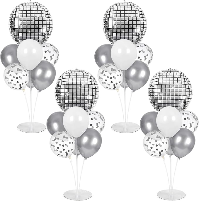 4 Sets Silver Disco Ball Party Balloons Stand Kit with 4 Ball Foil Balloons Disco Themed Balloon 70s 80s 90s Dance Party Balloon Centerpiece for Tables Birthday Prom Graduation Decorations 2026