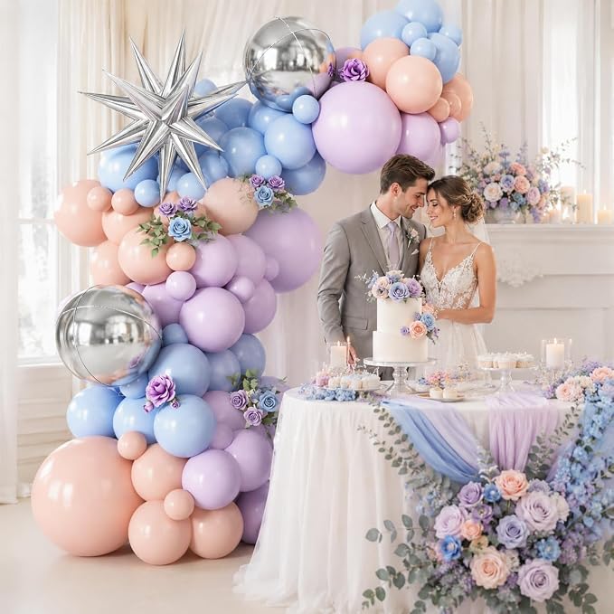 Pastel Balloon Arch Garland Kit with Macaron Blue Purple Orange Balloons Silver Star Foil Balloon for Birthday Baby Shower Wedding Party Decorations