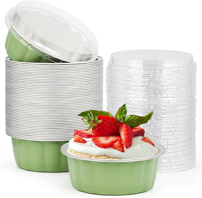 Beasea Disposable Ramekins 8oz, 50 Pack Pea Green Aluminum Foil Cups with Lids, Disposable Creme Brulee Muffin Cupcake Baking Cup Mini Pudding Cups for Party Wedding Birthday