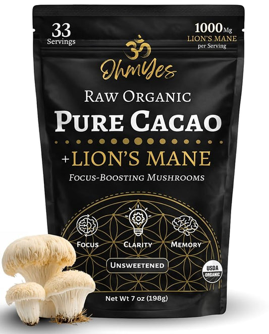 OhmYes Lion's Mane Mushroom Cacao | Premium Pure Raw Organic Cacao Powder | Natural Chocolate Powder Drink Mix | Sugar-Free Flavanol Rich Superfood | Unsweetened | 33 Servings