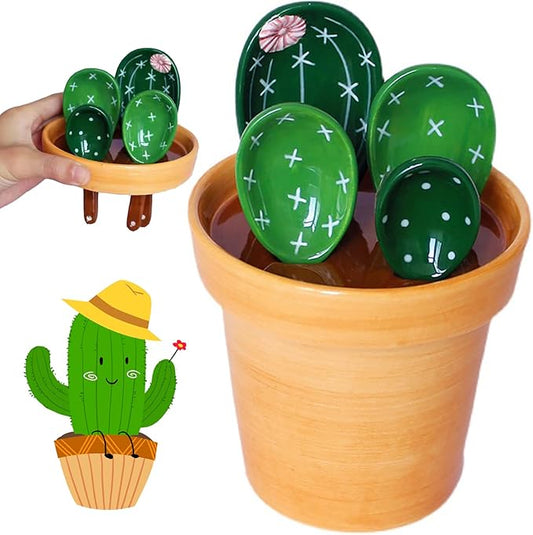 Cactus Measuring Spoons Set in Pot, Cute Ceramic Measuring Spoons and Cups, Kitchen Cacti Spoon with Holder, Baking Measuring Cups Ornaments Gift