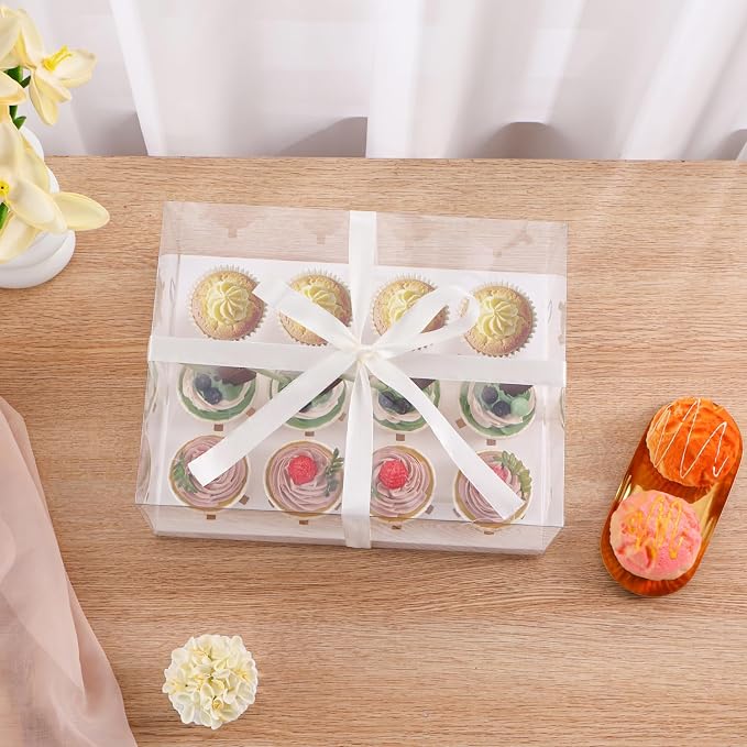 6Pcs Clear Cupcake Boxes,12 Count Cupcake Containers with Gift Ribbon,Plastic Cupcake Carrier Holder for Dessert Cookies Muffins Pastry(White/clear, 12 Count/6ps)